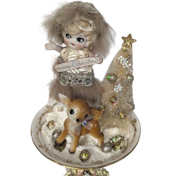 Handmade Christmas Assemblage on China Pieces Bottlebrush Tree Deer Doll - Picture 2 of 13
